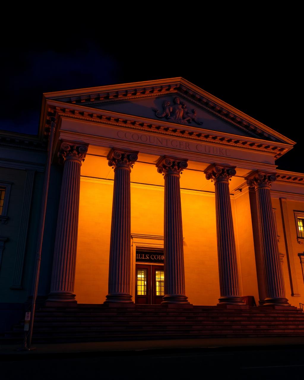 Classical courthouse columns at dusk