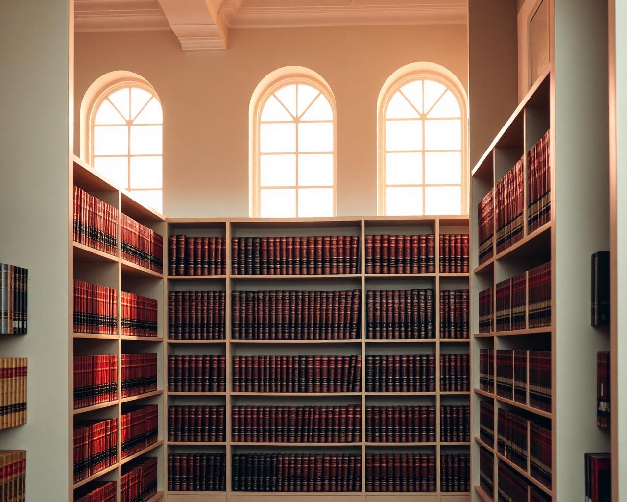 Sunlit law library with shelves of legal volumes