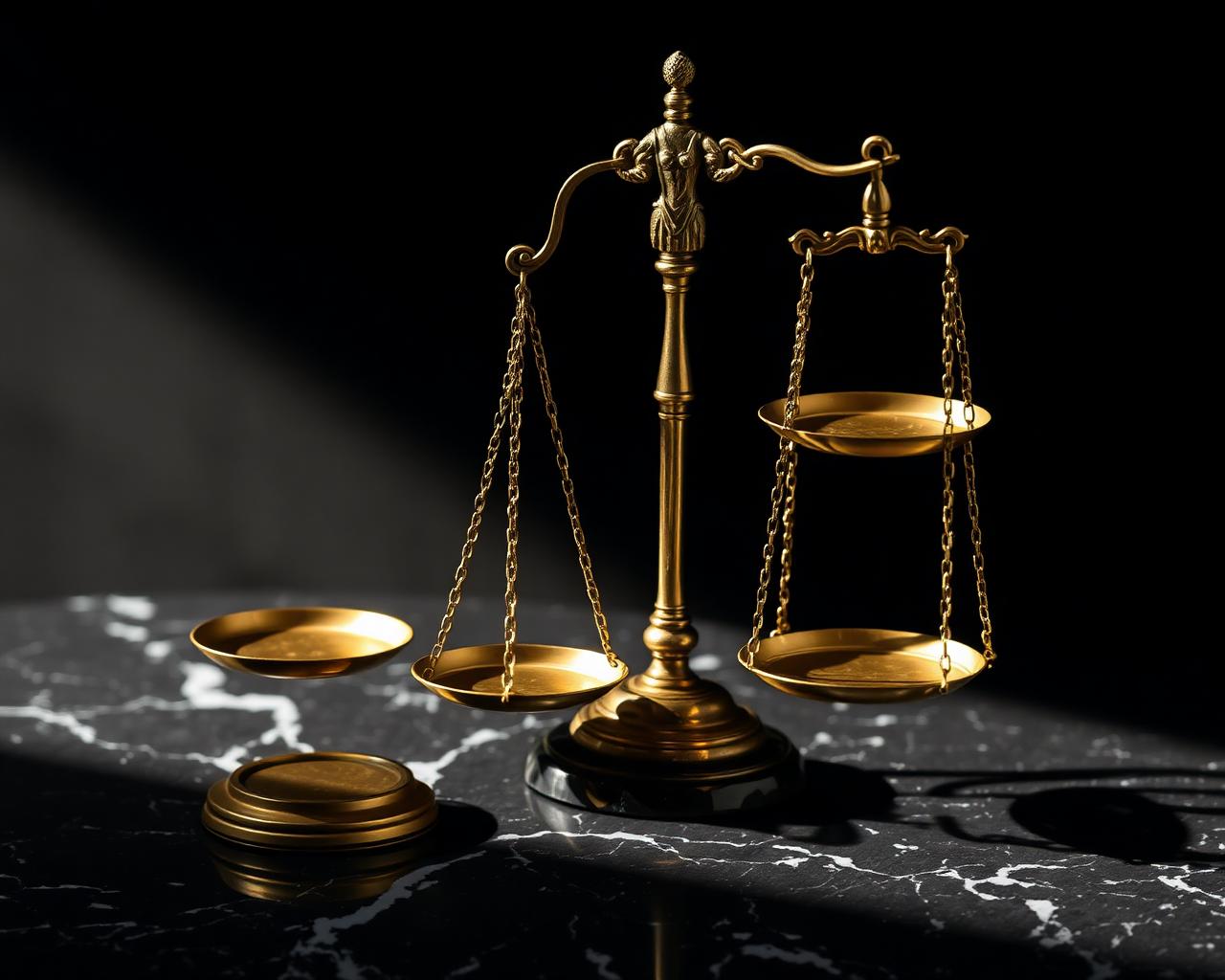 Bronze scales of justice on black marble